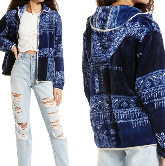 Nordstrom BP Faux Shearling Plush Fleece Blue Bandana Paisley Print Jacket Med - Picture 1 of 15